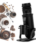 Straight Up Reliable Metal Coffee Grinder With 48mm Conical Burrs And 60 Steps on a countertop with coffee beans and brewed coffee.