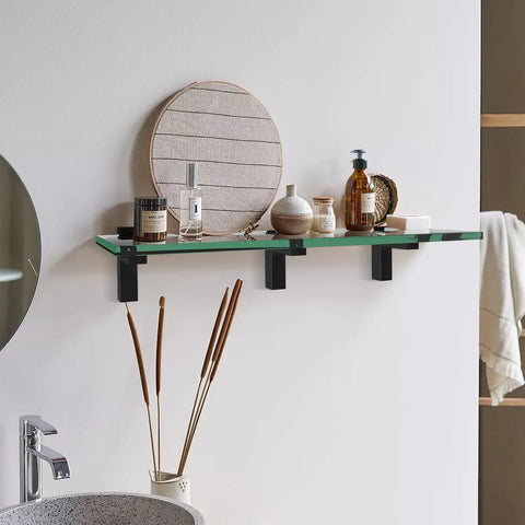 Tough As Nails Heavy Duty Floating Shelf Brackets Set Of Four Adjusts Securely To Glass And Wood Supports 25 Pounds Per Pair Premium Zinc Alloy With Polished Chrome Finish For Bathroom Remodels with glass shelf and decor products.