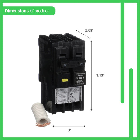 HOM230GFIC Homeline 30 Amp GFCI Circuit Breaker Two Pole 120 240 Volt AC dimensions and design with spiral coil