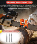 Chainsaw Sharpener Jig Kit Pro Grade Portable Sharpening Tool With 3 Grinding Stones And Cleaning Brush attached to chainsaw