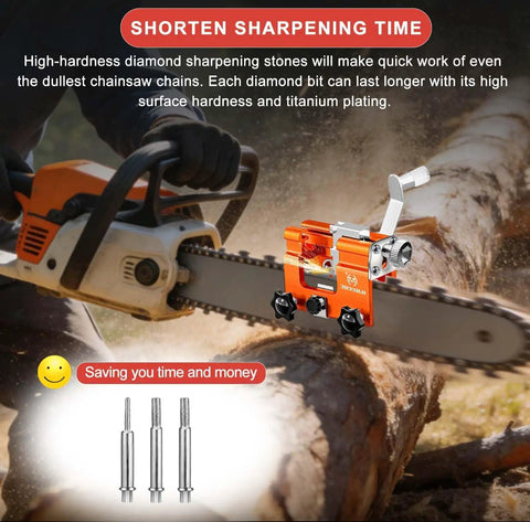 Chainsaw Sharpener Jig Kit Pro Grade Portable Sharpening Tool With 3 Grinding Stones And Cleaning Brush attached to chainsaw