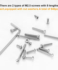 M2.5 Stainless Steel Screws With Nuts And Hex Socket Head Cap Bolts And Nut Assortment Kit 840 Piece Fasteners Set