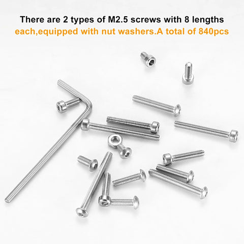 M2.5 Stainless Steel Screws With Nuts And Hex Socket Head Cap Bolts And Nut Assortment Kit 840 Piece Fasteners Set