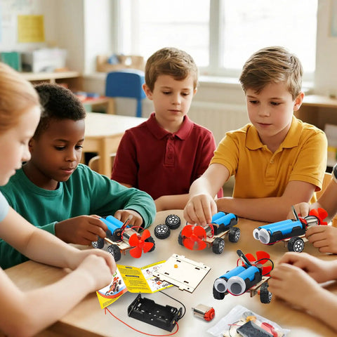 Children assembling Wind Powered Cars Kit For Kids Ages 8 To 12, Six Wood Building Crafts Cars Set in a classroom