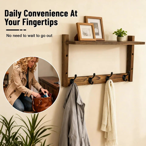 28 Inch Wall Mount Coat Rack With Shelf And Key Mail Organizer Wood Entryway Hanger With Seven Hooks And Three Key Hooks For Living Room Or Bedroom shown with hanging coats