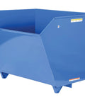 Heavy Duty Low Profile Self Dumping Hopper Rated At Six Thousand Pounds For Fast Forklift Transfer, blue steel construction, angled view.