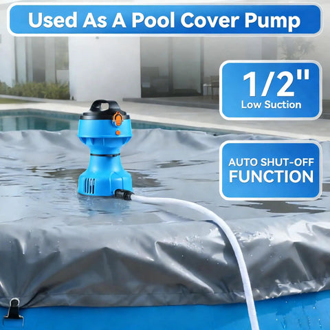 Cordless Water Transfer Pump 750 GPH With 30 Foot Lift Powerful Submersible Pump With 21V Dual 4000mAh Batteries And Charger Three Quarter Inch Outlet Camping Ready IPX8 Waterproof Ideal For Pool Pond Garden Tub RV Boat on a pool cover