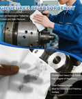 Synvicovan cleanroom wipe, white lint-free wipe used on metal machinery by a technician in blue coveralls