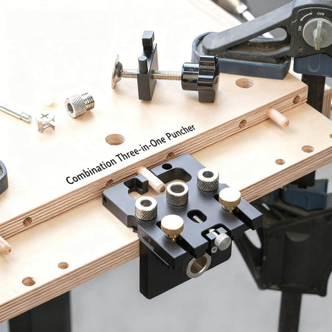 Combination Three-in-One Puncher in use on a wooden board, showing an industrial clamping tool setup with dowel holes and accessories.