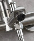 Close-up of Stainless Steel Wall Mounted Tub Faucet With Brushed Nickel Finish Single Lever Shower Tap Ceramic Cartridge Built In Aerator