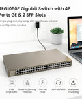 TEG1050F 48 Port Gigabit Unmanaged Switch With 2 SFP Slots displayed next to a laptop for no fuss networking in offices and home labs.