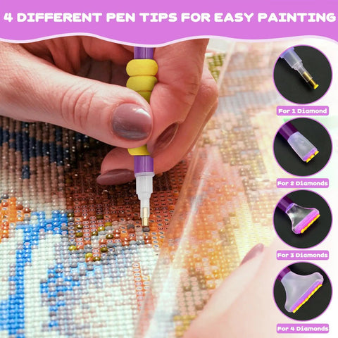 Hands using DIY Diamond Painting Tools And Accessories Kit 45 Piece Sweet Set pen on canvas with different pen tips shown.