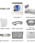 Packing list for Portable Countertop Dishwasher With Integrated Water Tank And Quick Connect Faucet Five Wash Cycles, includes accessories.