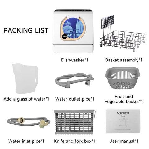 Packing list for Portable Countertop Dishwasher With Integrated Water Tank And Quick Connect Faucet Five Wash Cycles, includes accessories.