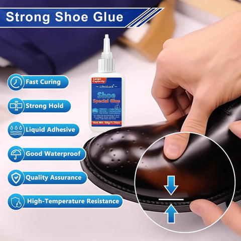 50G Quick Dry Shoe Glue Heavy Duty Repair Adhesive For Boots And Sneakers Clear Waterproof Glue For Rubber Soles Heels And Hiking Shoes Pro Grade Includes 15 Precision Applicator Tips being applied to shoe outsole