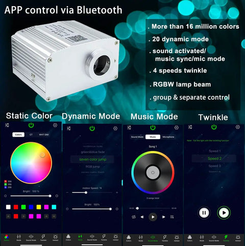 10W Twinkle Fiber Optic Star Light Engine with RGBW LEDs showing app control interface via Bluetooth and lighting modes