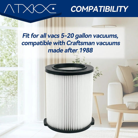 VF4000 Wet Or Dry Vacuum Replacement Filter shown in a living room setting with compatibility text overlay.