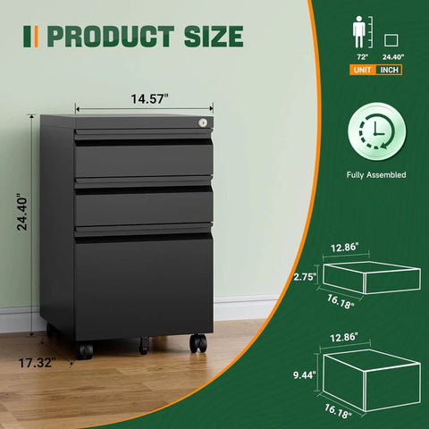3 Drawer Mobile File Cabinet With Lock Heavy Duty Under Desk Steel Filing Cabinet For Home Office Organizer with dimensions.