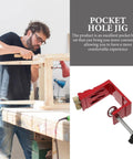 Pro Level Pocket Hole Drill Guide Jig For Woodworking Featuring Quick Release Clamps And Precision 15 Degree Angle Locator For Smooth Pocket Screw Assembly Zero Sweat Project being used in a workshop.