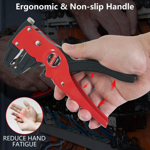 Automatic Wire Stripper And Cutter 7 Inch Eagle Nose Pliers 2 In 1 Tool being used to strip wires, highlighting ergonomic handle.