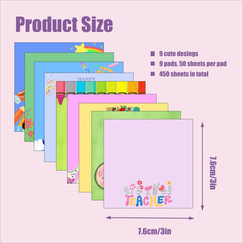 9 Pads Cute Sticky Notes Set 3x3 Self Stick Notepads for Teachers and Office, pastel colors with floral designs