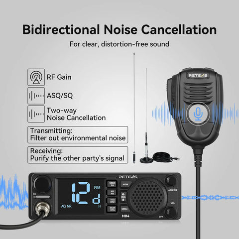 Long Range DIN Mount CB Radio Kit With NRC Noise Canceling Technology front view with microphone and antenna for truck use