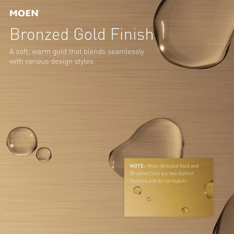Moen bronzed gold finish with water droplets, displaying a seamless blend suitable for various bathroom design styles.