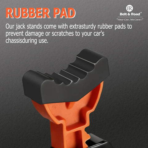 Heavy Duty 3 Ton Jack Stands For SUVs And Cars, rubber pad close-up, black color, extra tall adjustable height, supports 6,600 lbs