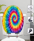 Elongated Tie Dye Aquarelle Print Tie Dye Spiral Rainbow Toilet Seat on a white toilet, showcasing vibrant colors and metal hinges.