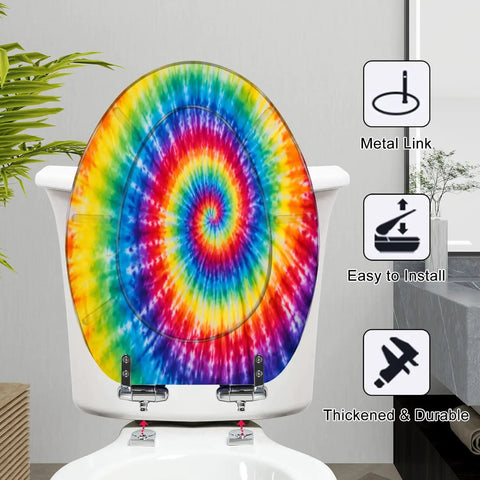 Elongated Tie Dye Aquarelle Print Tie Dye Spiral Rainbow Toilet Seat on a white toilet, showcasing vibrant colors and metal hinges.