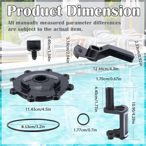 Pool Valve Rebuild Kit For 2-Port And 3-Port Jandy NeverLube Valves with dimensions displayed by a poolside setting