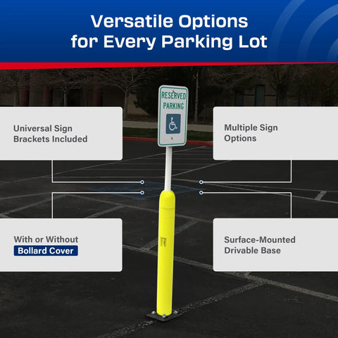 Heavy Duty Handicap Parking Sign Post With Self Righting Spring Hella Durable Aluminum Build handles minor collisions, featuring vibrant yellow bollard cover.