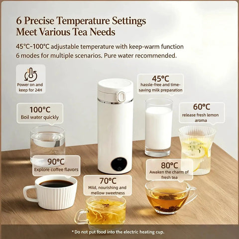 Grab And Go Travel Kettle, 500 Ml Heated Water Cup, 6 Temp Controls, displaying various temperature modes and drinks.
