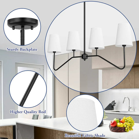 Linear Pendant Chandelier For Kitchen Island With Four Lights, Sleek Black Metal Fixture Over Table, Modern Dining Room Lighting, 4 Light Chandeliers With White Fabric Shades, Bulb Not Included