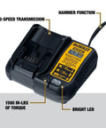 20V Max Brushless Random Orbital Sander Kit charger with labeled features like 2-speed transmission and bright LED