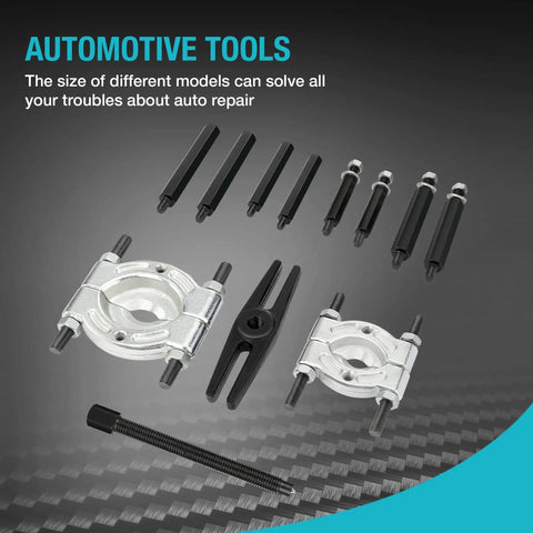Beefy 12 Piece Bearing Puller Set With 5 Ton Capacity and Heavy Duty Flywheel Separator Tool, parts laid out on display