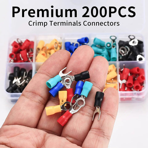 200 Pcs Insulated Wire Connectors Kit With Mixed Ring Spade Butt Fork Quick Disconnect Crimp Terminals in hand