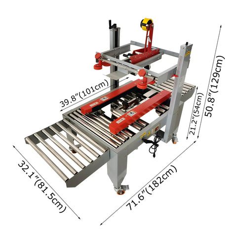 Heavy Duty 110V Automatic Box Sealer Machine With Double Flap Tape System For Fast Carton Packing dimensions showing adjustable roller height.