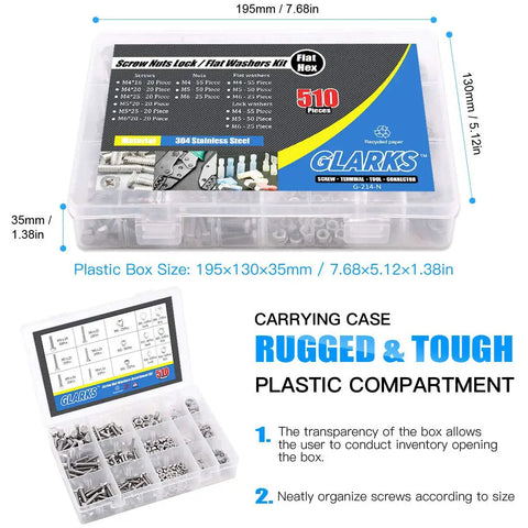 510 Piece Flat Hex Stainless Steel Screw Bolts Nuts Locking Washers And Flat Gasket Washer Assortment Kit in storage case