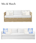 Two couches with mixed pillows, top with neutral tones and bottom with blue accents. Fall Coastal Patio Pillow Cover 20x20 For Indoor Outdoor Use, Water Repellent Cushion Cover In Neutral Tan Stripe, Weather Resistant Polyester With Invisible Zipper And Piping For Backyard Or Couch.