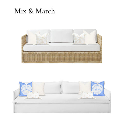 Two couches with mixed pillows, top with neutral tones and bottom with blue accents. Fall Coastal Patio Pillow Cover 20x20 For Indoor Outdoor Use, Water Repellent Cushion Cover In Neutral Tan Stripe, Weather Resistant Polyester With Invisible Zipper And Piping For Backyard Or Couch.