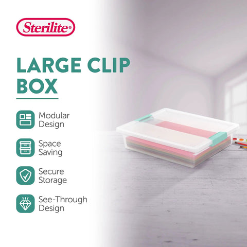 Large clear clip box with a white lid and colored folders inside, placed on a table, next to text highlighting modular, space-saving design.