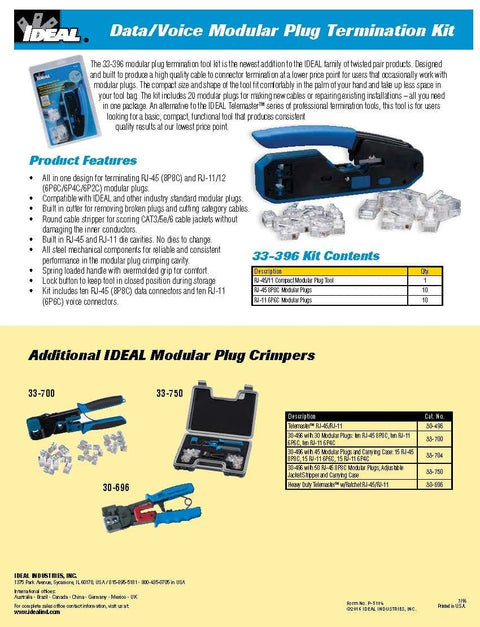 Pro Grade Multi Function Data And Voice Crimp Tool Kit For CAT3 CAT5e CAT6 Cables with RJ45 and RJ11 Modular Plugs, Cuts Strips and Crimps, Fixed Die Cavities, Includes 20 Plugs displayed with packaging.