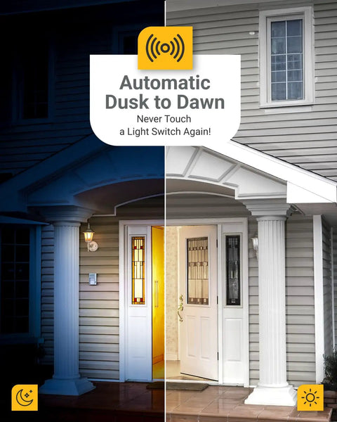 Front porch before and after using Six Pack Dusk To Dawn LED B11 Filament Candelabra Bulbs For Outdoor Porch Lighting with automatic sensor