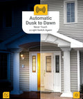 Split image of house exterior showing dusk and dawn with 10 Pack Dusk To Dawn LED B11 Filament Candelabra Bulbs For Porch Lighting