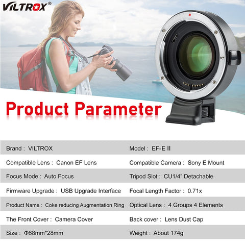 Canon EF To Sony E Mount Autofocus Speed Booster Adapter 0.71x for Canon EF Lenses shown with product specifications.
