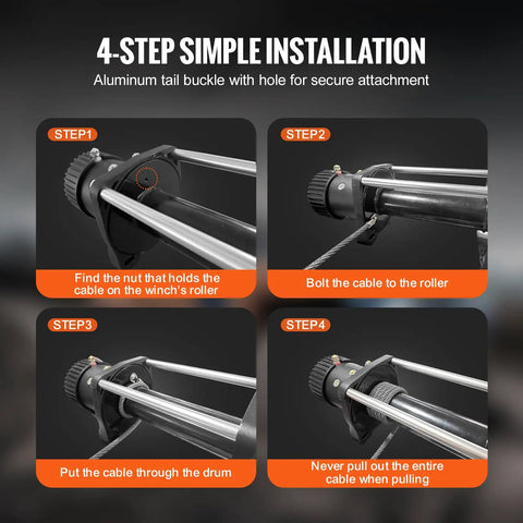 Beefy Heavy Duty 3/8 Inch By 100 Foot Steel Winch Cable installation guide with swivel hook and aluminum tail buckle.