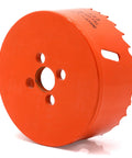 Koopi 3-1/4 inch orange hole saw with arbor; front view showing teeth around rim