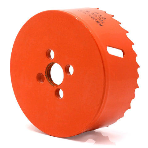 Koopi 3-1/4 inch orange hole saw with arbor; front view showing teeth around rim