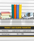 Two-Pack Heavy Duty Slatwall Shelves 23.6 By 11.8 Inch Metal Wire Shelves with books and headphones, installed on slat wall.